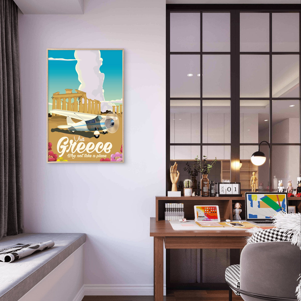 Greek Ancient Ruins Architecture Airplane Retro Travel Poster Print Wall Art