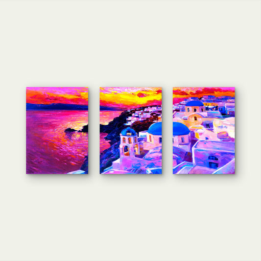 3pcs Santorini Greece Sunset Landscape Ocean Wall Art Set Canvas Framed 50x70cm - High Quality Print 100% Australian Made Wall Canvas Ready to Hang