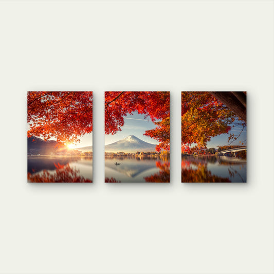 3pcs Japan Mount Fuji Autumn Nature Mountain Wall Art Set Canvas Framed 50x70cm - High Quality Print 100% Australian Made Wall Canvas Ready to Hang
