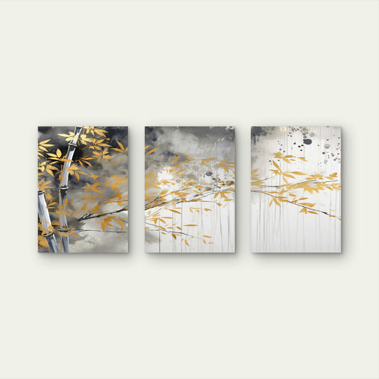 3pcs Abstract Gold Bamboo Leaf Chinese Style Wall Art Set Canvas Framed 40x60cm - High Quality Print 100% Australian Made Wall Canvas Ready to Hang