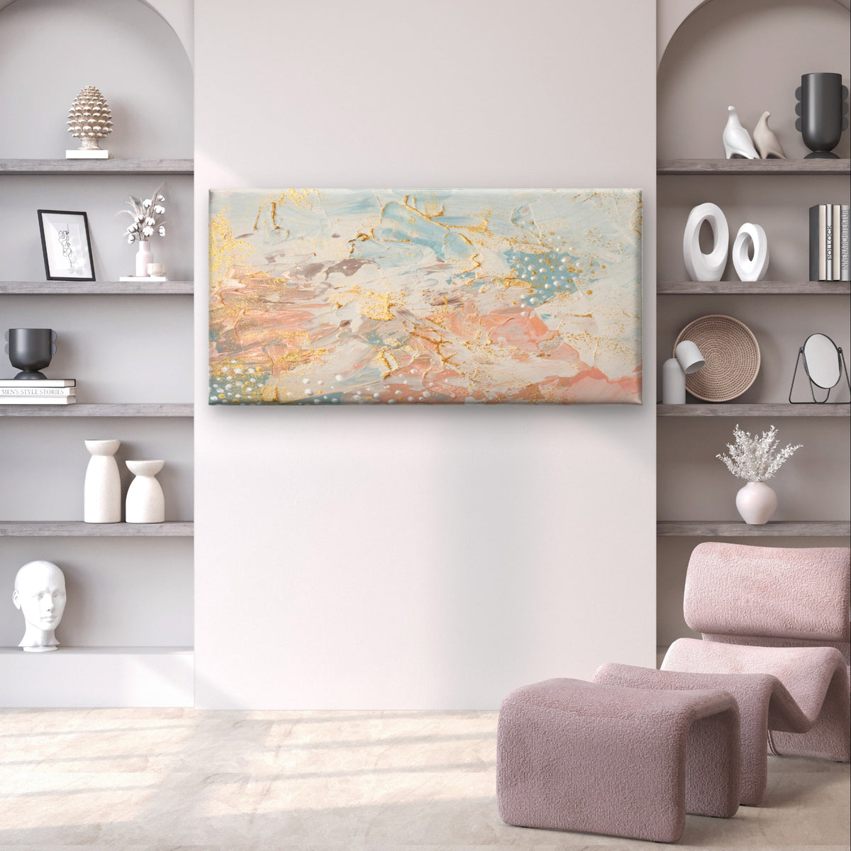 Modern Abstract Pastel Pink Blue Wall Art Canvas Office Home Framed 120x60cm