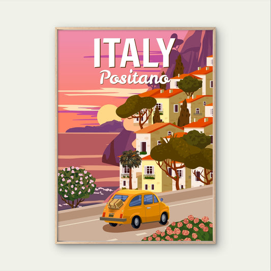 Italy Positano Amalfi Coast Sunset Yellow Car Travel Poster Print Wall Art