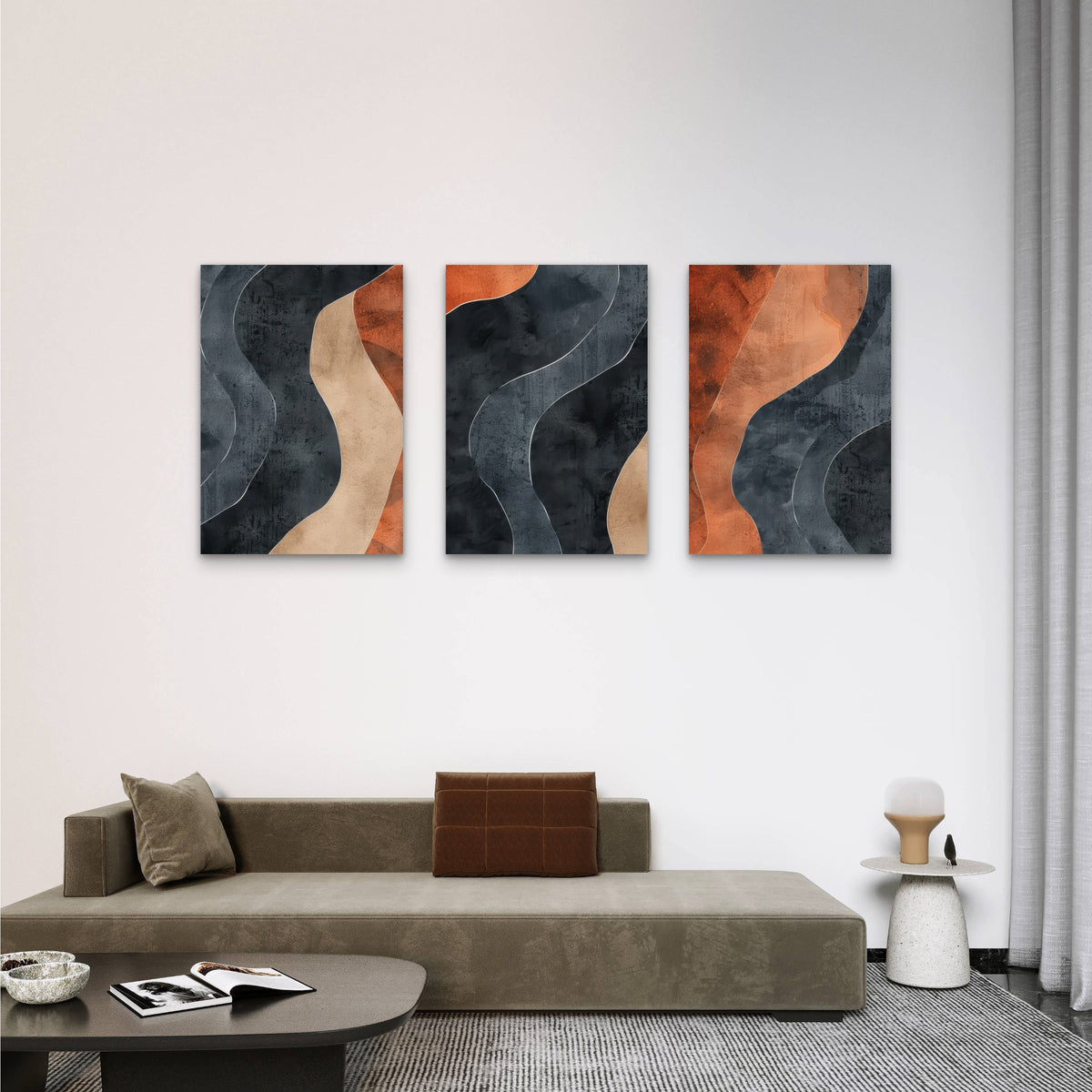 3pcs Mid Century Desert Sun Wave Pattern Wall Art Set Canvas Framed 40x60cm - High Quality Print 100% Australian Made Wall Canvas Ready to Hang