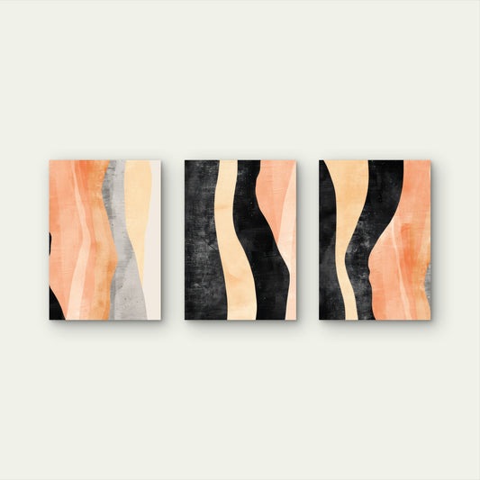 3pcs Peach Orange Black Beige Abstract Wall Art Set Canvas Framed 50x70cm - High Quality Print 100% Australian Made Wall Canvas Ready to Hang