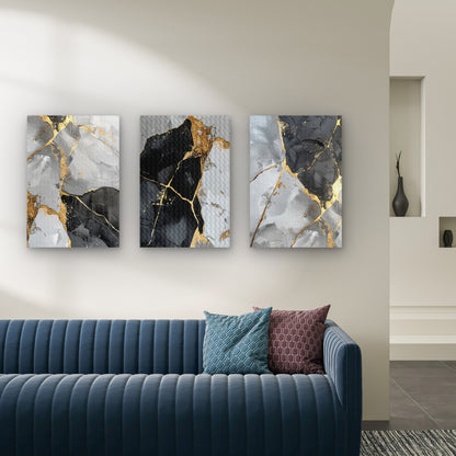 3pcs Metallic Gold Leaf Dark Gray Painting Wall Art Set Canvas Framed 50x70cm - High Quality Print 100% Australian Made Wall Canvas Ready to Hang