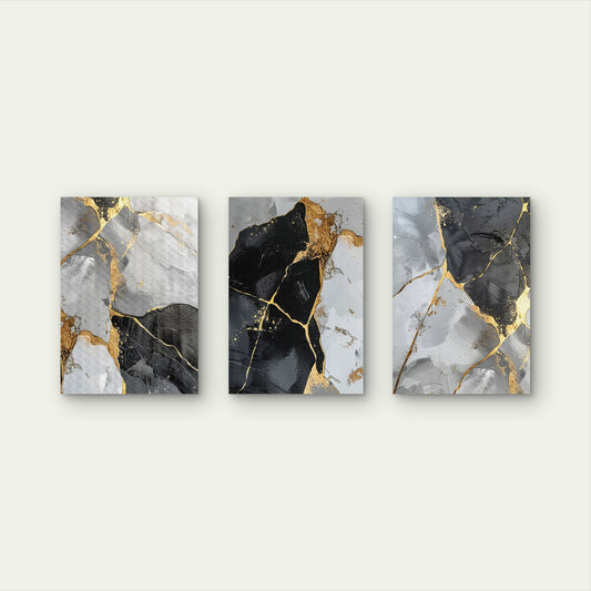 3pcs Metallic Gold Leaf Dark Gray Painting Wall Art Set Canvas Framed 40x60cm - High Quality Print 100% Australian Made Wall Canvas Ready to Hang