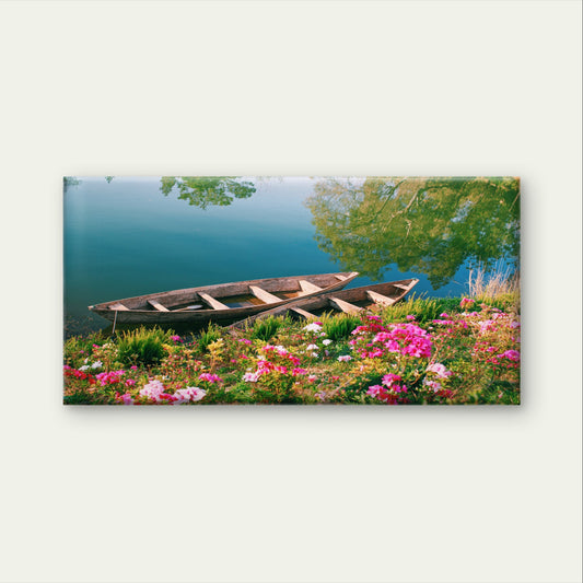 Wooden Canoe River Boat Pink Flora Wall Art Canvas Office Home Framed 120x60cm