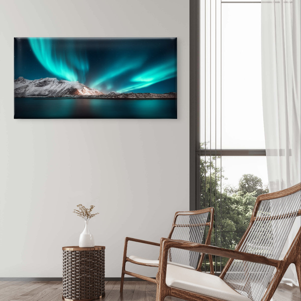 Northern Lights Aurora Borealis Sea Wall Art Canvas Office Home Framed 120x60cm