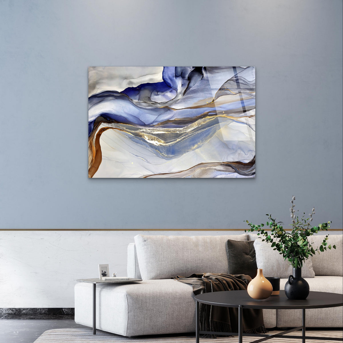 Blue Alcohol Abstract Fluid Gold Vein Acrylic Glass Printing Wall Art Australian Made Quality