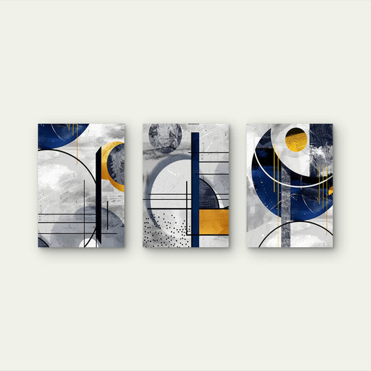 3pcs Modern Abstract Blue Gold Geometric Wall Art Set Canvas Framed 60x90cm - High Quality Print 100% Australian Made Wall Canvas Ready to Hang