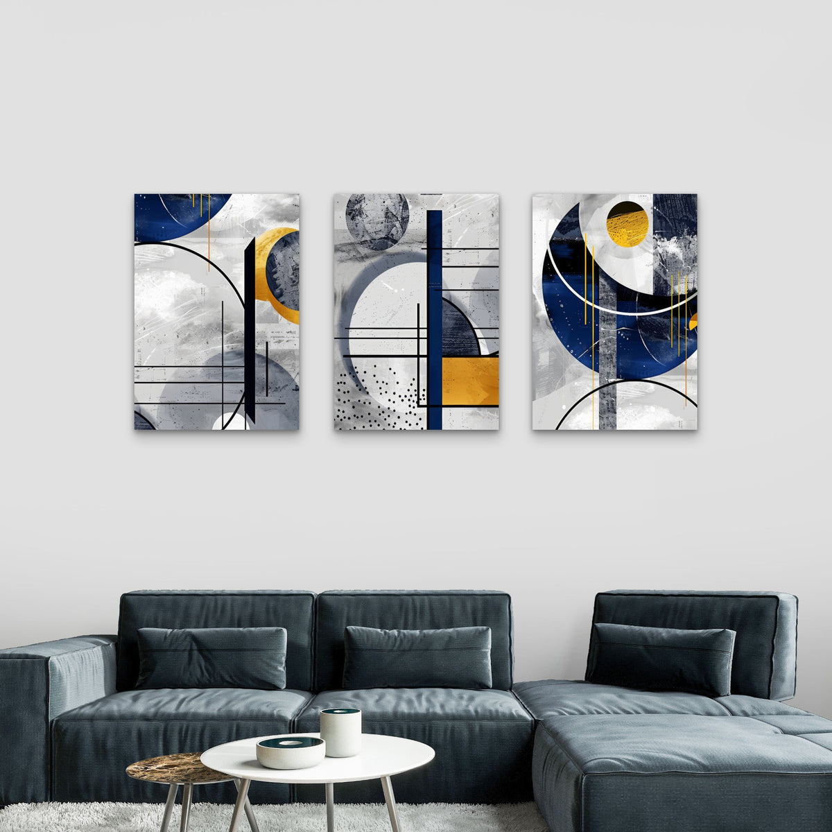 3pcs Modern Abstract Blue Gold Geometric Wall Art Set Canvas Framed 50x70cm - High Quality Print 100% Australian Made Wall Canvas Ready to Hang