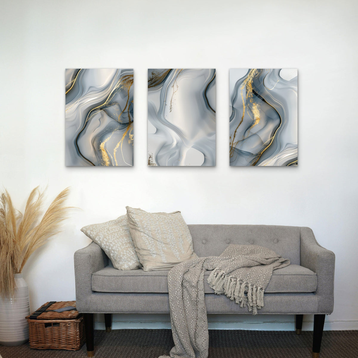 3pcs Modern Grey Golden Fluid Marble Artwork Wall Art Set Canvas Framed 50x70cm - High Quality Print 100% Australian Made Wall Canvas Ready to Hang