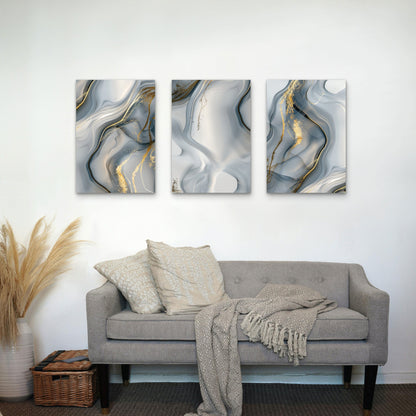 3pcs Modern Grey Golden Fluid Marble Artwork Wall Art Set Canvas Framed 50x70cm - High Quality Print 100% Australian Made Wall Canvas Ready to Hang