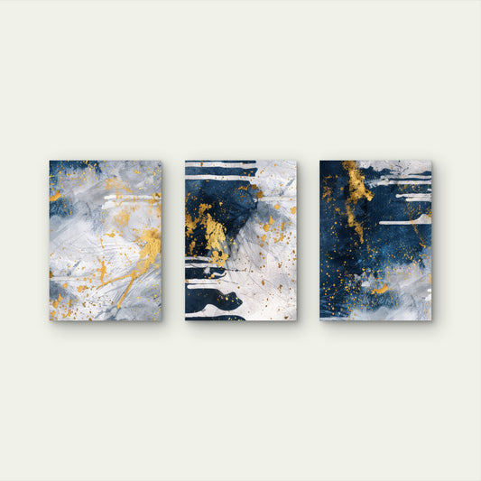 3pcs Modern Navy Blue Gold Abstract Painting Wall Art Set Canvas Framed 40x60cm - High Quality Print 100% Australian Made Wall Canvas Ready to Hang