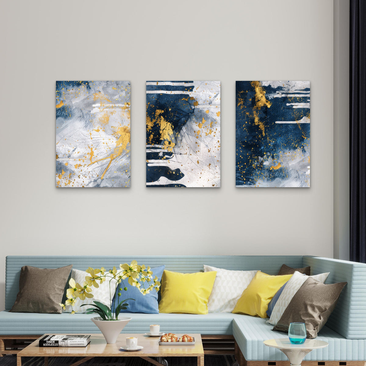 3pcs Modern Navy Blue Gold Abstract Painting Wall Art Set Canvas Framed 60x90cm - High Quality Print 100% Australian Made Wall Canvas Ready to Hang