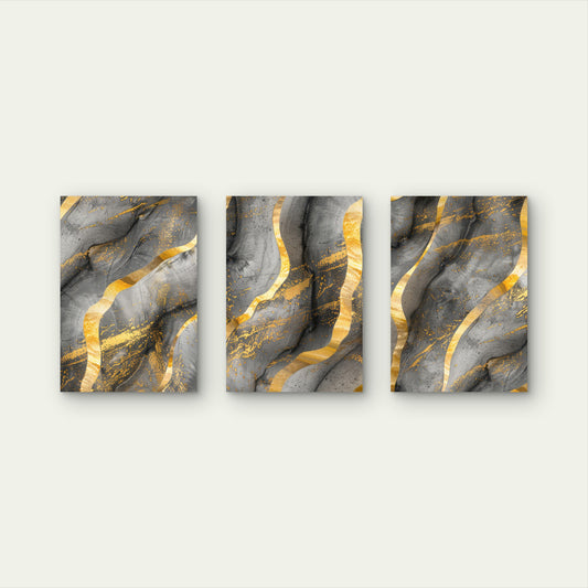 3pcs Luxury Black Grey Gold Fluid Marble Design Wall Art Set Canvas Framed 50x70cm - High Quality Print 100% Australian Made Wall Canvas Ready to Hang