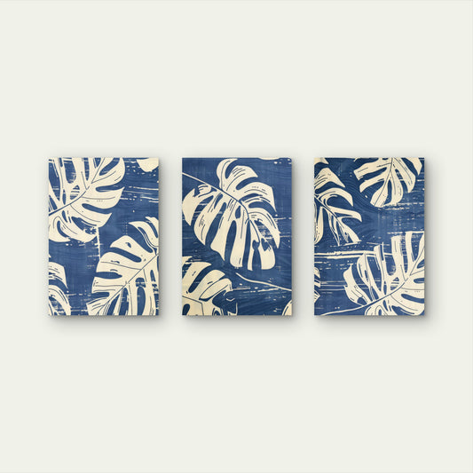3pcs Blue Monstera Palm Leaf Botanical Modern Wall Art Set Canvas Framed 50x70cm - High Quality Print 100% Australian Made Wall Canvas Ready to Hang