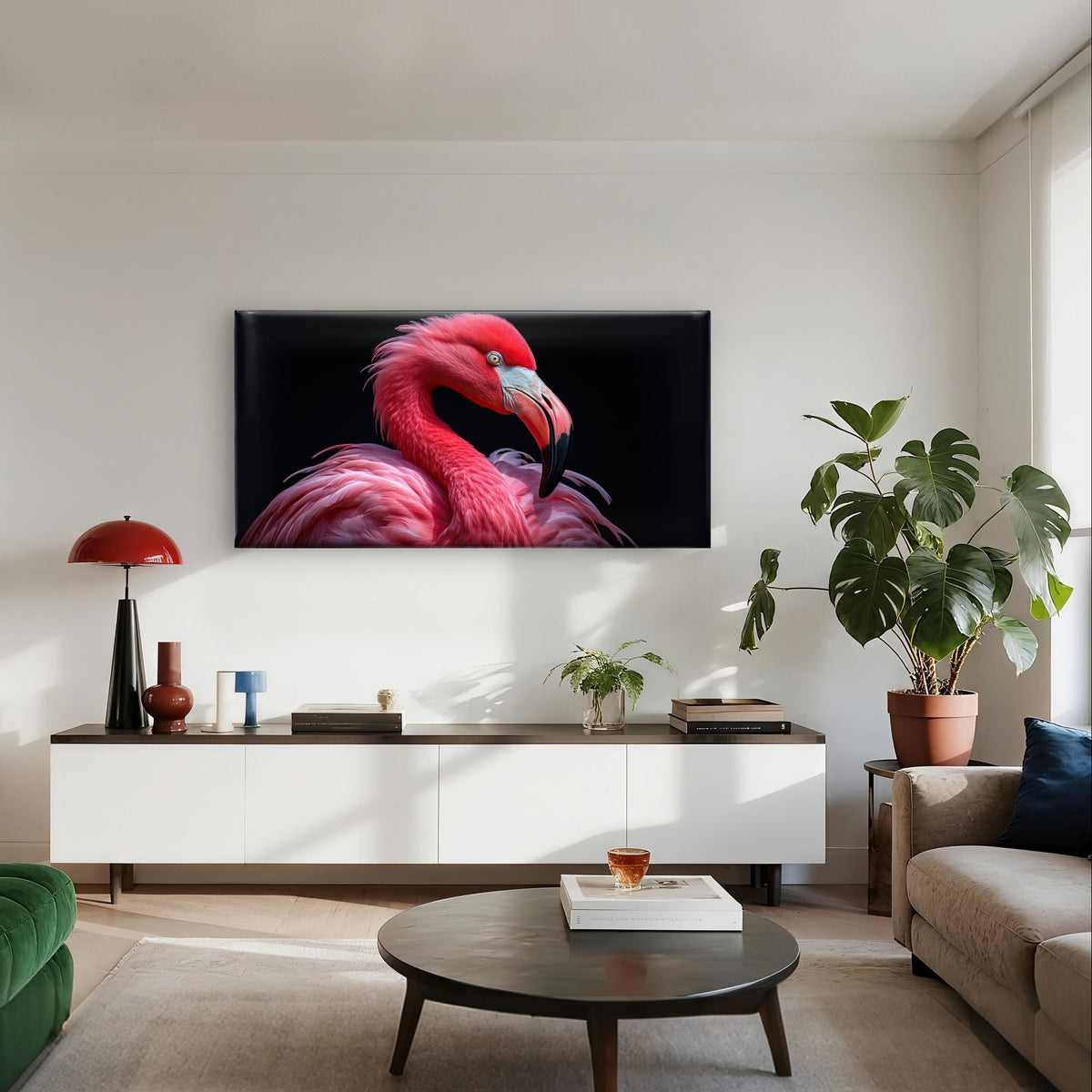 Pink Flamingo Bird Animal Black Wall Art Canvas Office Home Framed 120x60cm