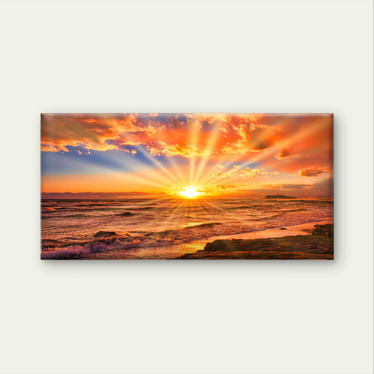 Ocean Sunset Sea Sunburst Waves Wall Art Canvas Office Home Framed 120x60cm