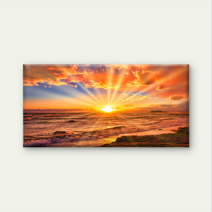 Ocean Sunset Sea Sunburst Waves Wall Art Canvas Office Home Framed 120x60cm