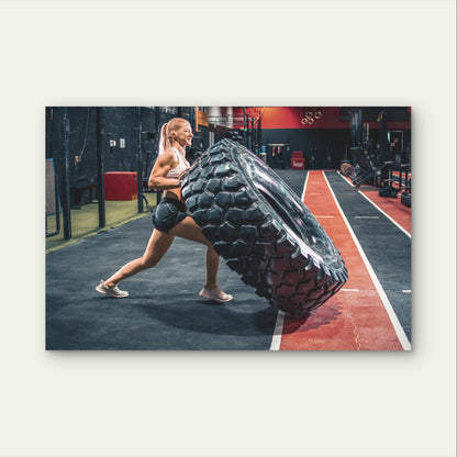Gym Woman Tire Flip Crossfit Workout 5mm Plastic Poster Ready to Hang 90x60cm