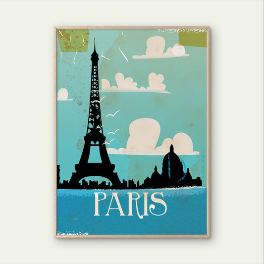 Paris Eiffel Tower Vintage Retro France Skyline Travel Poster Print Wall Art