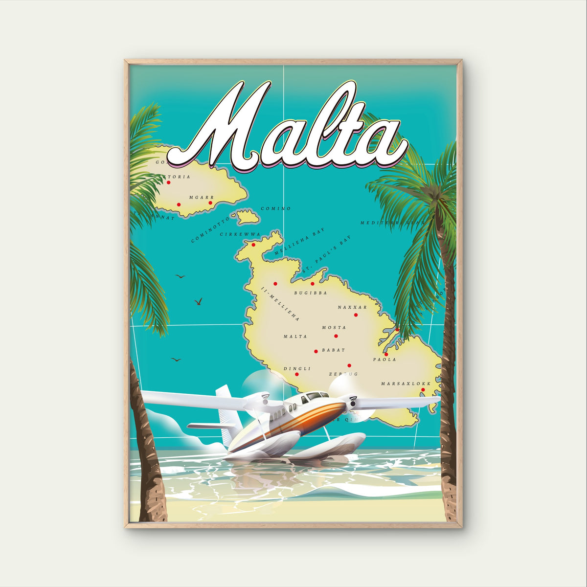 Malta Island Map Vintage Retro Seaplane Tropical Travel Poster Print Wall Art