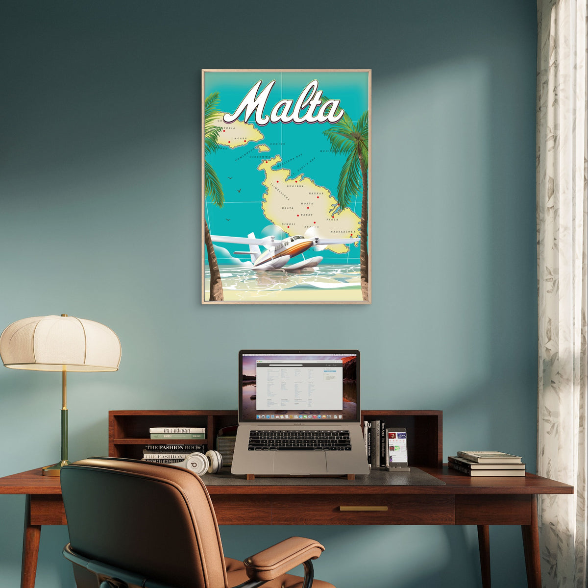 Malta Island Map Vintage Retro Seaplane Tropical Travel Poster Print Wall Art