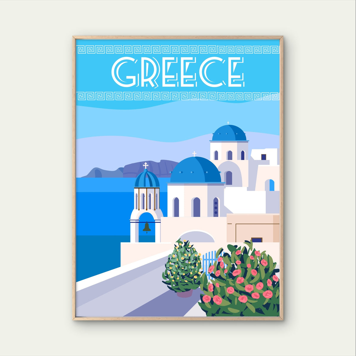 Greece Santorini Vintage Retro Blue Dome Church Travel Poster Print Wall Art