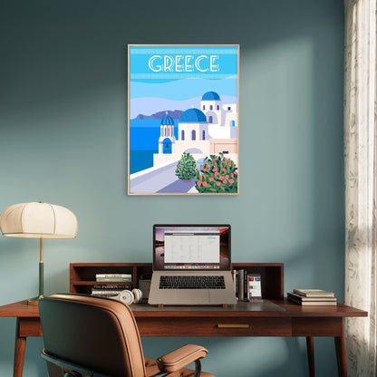 Greece Santorini Vintage Retro Blue Dome Church Travel Poster Print Wall Art