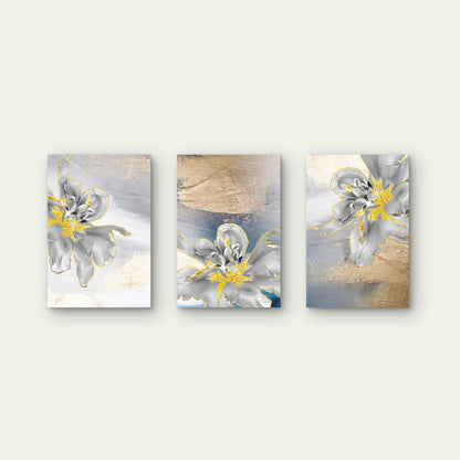 3pcs Luxury Grey Gold Leaf Floral Blossom Wall Art Set Canvas Framed 40x60cm - High Quality Print 100% Australian Made Wall Canvas Ready to Hang