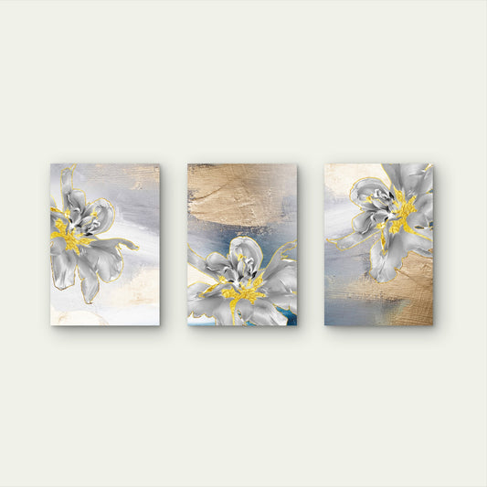 3pcs Luxury Grey Gold Leaf Floral Blossom Wall Art Set Canvas Framed 40x60cm - High Quality Print 100% Australian Made Wall Canvas Ready to Hang