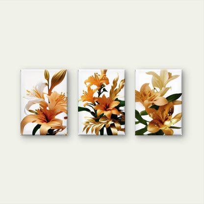 3pcs Refined Metallic Foil Tiger Lily Blooming Wall Art Set Canvas Framed 40x60cm - High Quality Print 100% Australian Made Wall Canvas Ready to Hang