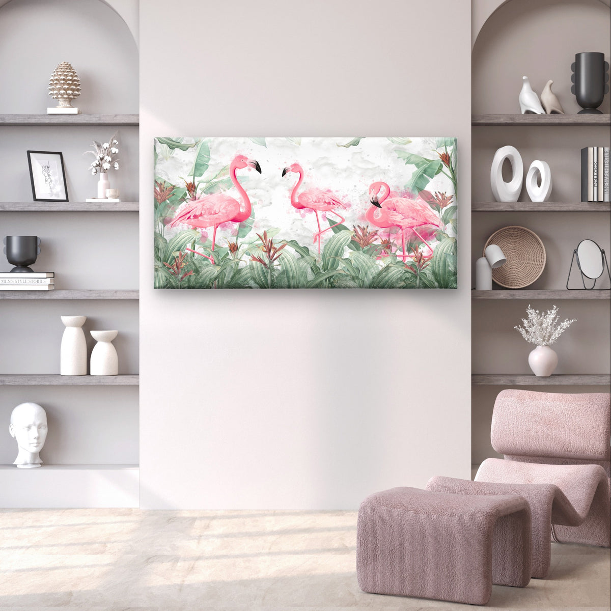 Majestic Pink Flamingo Tropical Leaf Wall Art Canvas Office Home Framed 120x60cm
