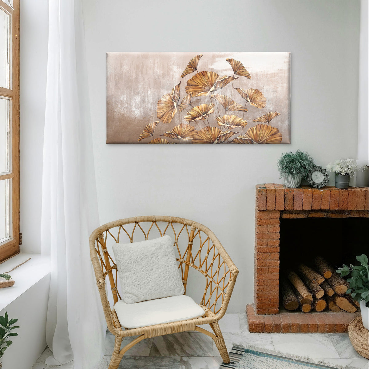 Grand Golden Ginkgo Fan Leaf Blossom Wall Art Canvas Office Home Framed 120x60cm