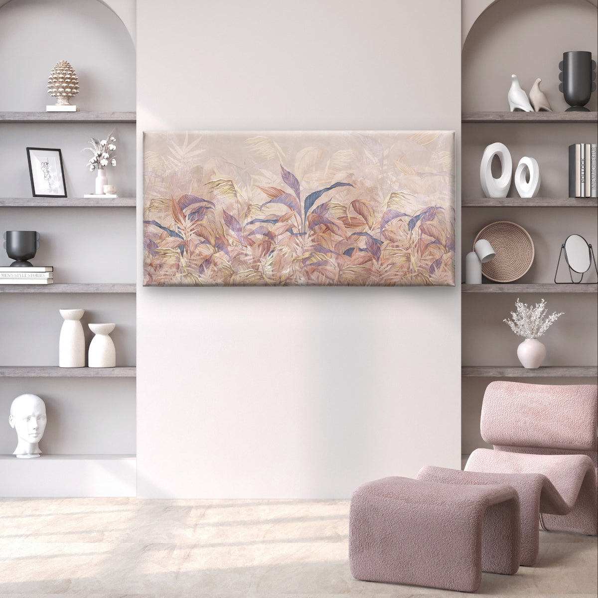 Grand Pastel Pink Jungle Palm Frond Wall Art Canvas Office Home Framed 120x60cm