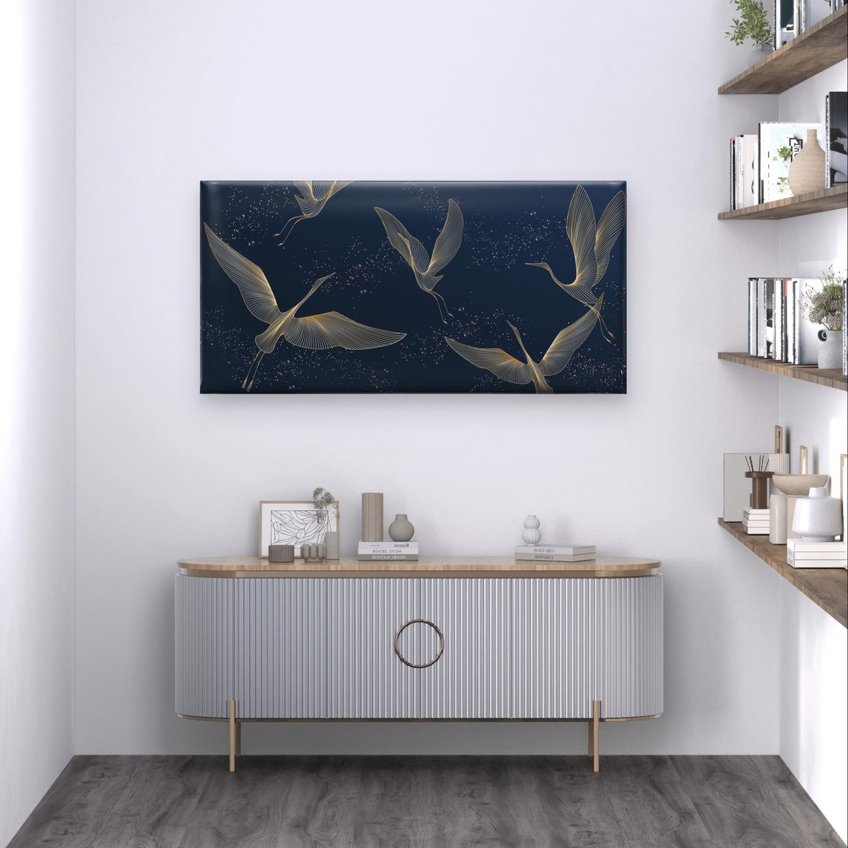 Navy Blue Gold Line Flying Crane Wall Art Canvas Office Home Framed 120x60cm