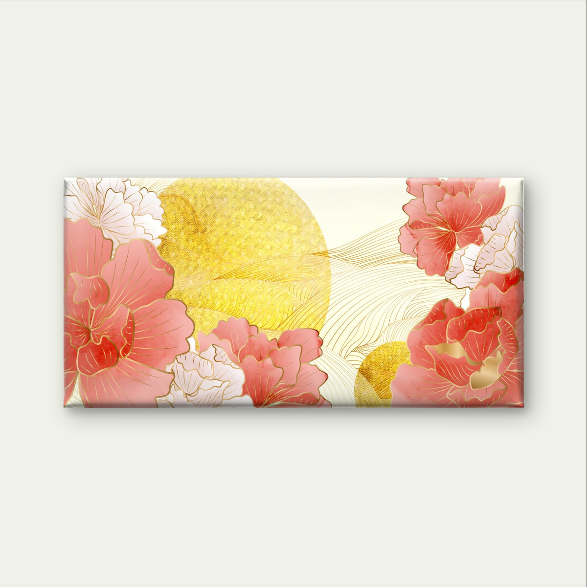 Japanese Pink Peony Gold Sun Print Wall Art Canvas Office Home Framed 120x60cm