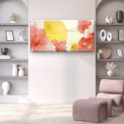 Japanese Pink Peony Gold Sun Print Wall Art Canvas Office Home Framed 120x60cm