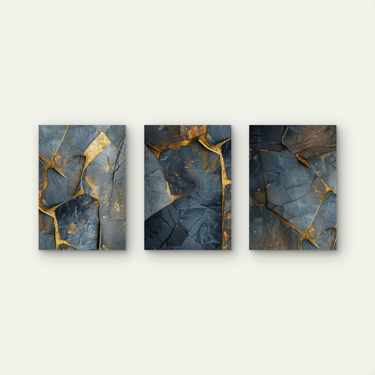 3pcs Luxury Abstract Golden Grey Slate Stone Wall Art Set Canvas Framed 40x60cm - High Quality Print 100% Australian Made Wall Canvas Ready to Hang