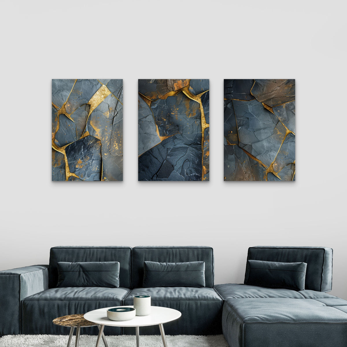 3pcs Luxury Abstract Golden Grey Slate Stone Wall Art Set Canvas Framed 50x70cm - High Quality Print 100% Australian Made Wall Canvas Ready to Hang