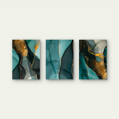 3pcs Luxury Teal Gold Marble Alcohol Ink Art Wall Art Set Canvas Framed 40x60cm - High Quality Print 100% Australian Made Wall Canvas Ready to Hang