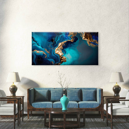 Blue Teal Gold Marble Liquid Agate Wall Art Canvas Office Home Framed 120x60cm