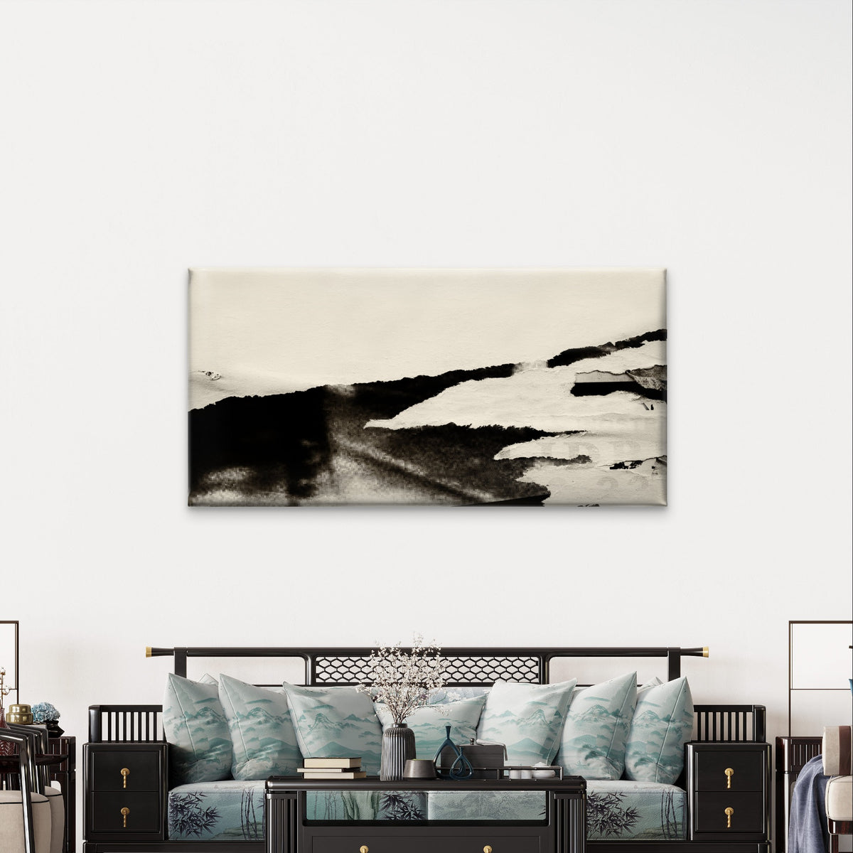 Black Beige Ripped Abstract Minimal Wall Art Canvas Office Home Framed 120x60cm