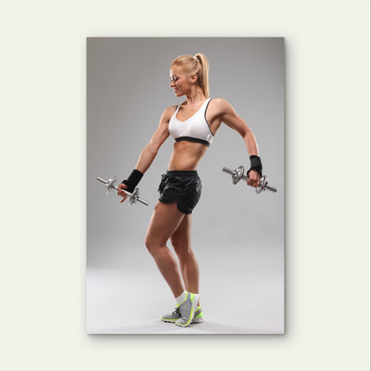 Fitness Woman Dumbbells Weights Workout 5mm Plastic Poster Ready to Hang 90x60cm