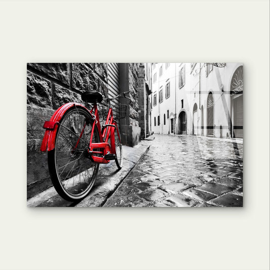 Vintage Red Bicycle Retro City Street    Acrylic Glass Printing Wall Art Australian Made Quality