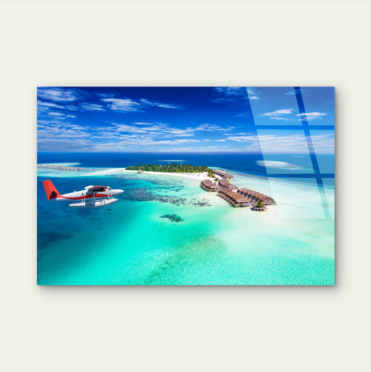 Maldives Island Resort Seaplane Ocean    Acrylic Glass Printing Wall Art Australian Made Quality