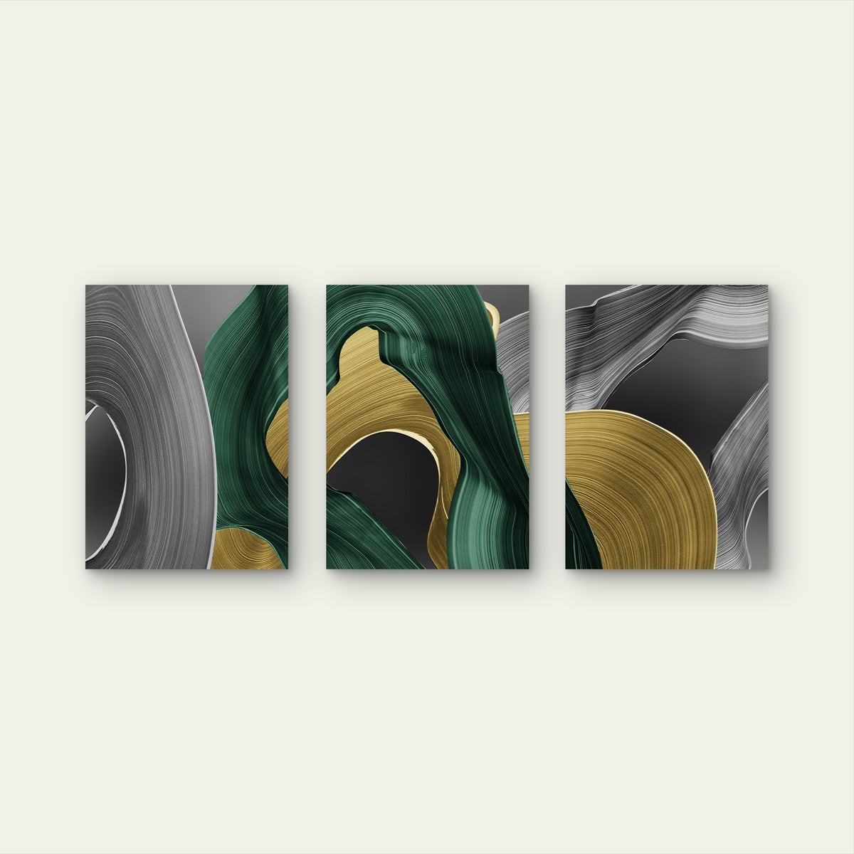 3pcs Green Gold Gray Black Abstract Swirl Wave Wall Art Set Canvas Framed 40x60cm - High Quality Print 100% Australian Made Wall Canvas Ready to Hang
