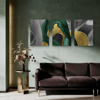 3pcs Green Gold Gray Black Abstract Swirl Wave Metal Print Ready to Hang Art