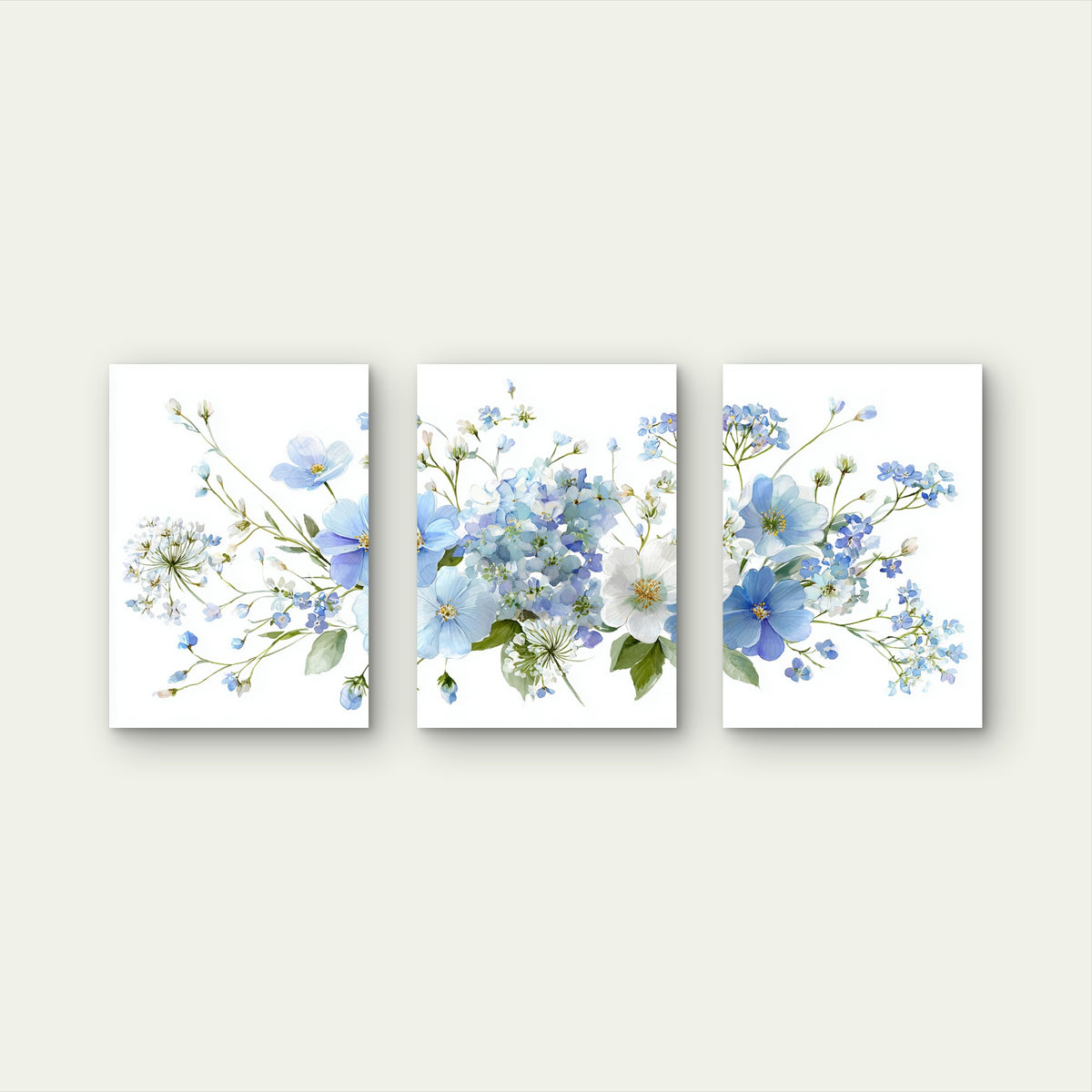 3pcs Blue Flower Floral Watercolor Wildflower Wall Art Set Canvas Framed 50x70cm - High Quality Print 100% Australian Made Wall Canvas Ready to Hang